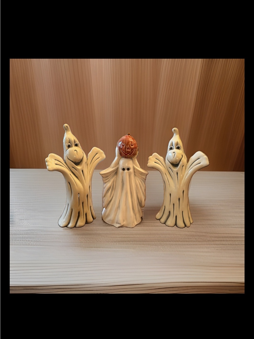Byron mold Ceramic Halloween Ghost Trio Figurines Pumpkin googly eyes Vtg